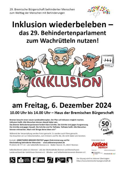 Plakat Inklusion wiederbeleben. Drei Trolle versuchen den Patient Inklusion wieder zu beleben